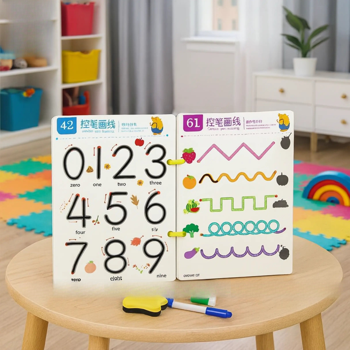 Kids reusable tracing workbook with markers and eraser