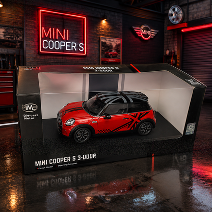 Yellow Mini Cooper S die-cast toy car with black roof