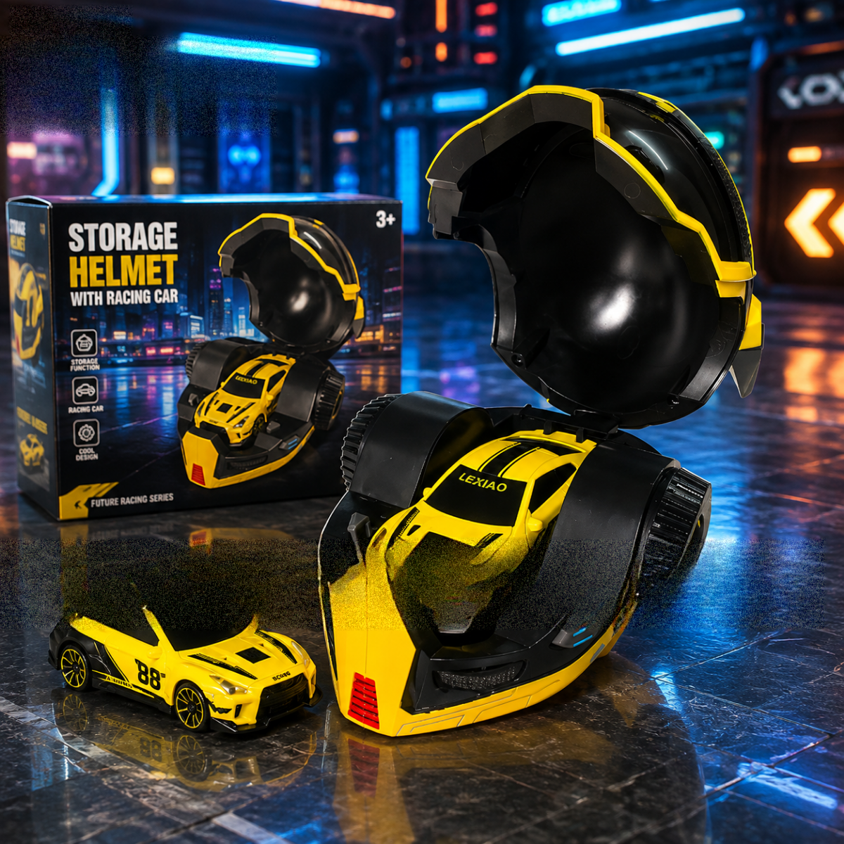 Futuristic yellow toy car with black helmet-style storage case for kids.