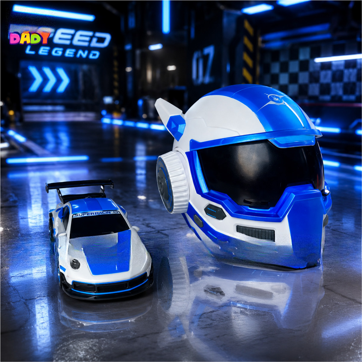 Kids mini RC racing car with futuristic helmet storage case