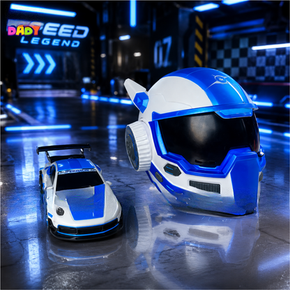Kids mini RC racing car with futuristic helmet storage case