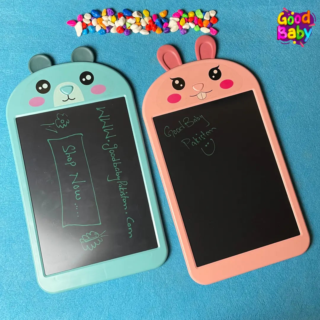 Two colorful LCD writing tablets with stylus, one turquoise and one pink, each with a cute animal face design on the corners.
