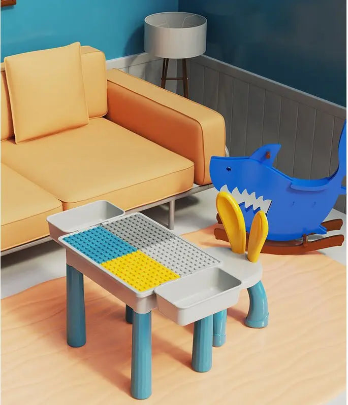 Interactive 2-in-1 Kids Building Blocks Table Chair with Learning Station