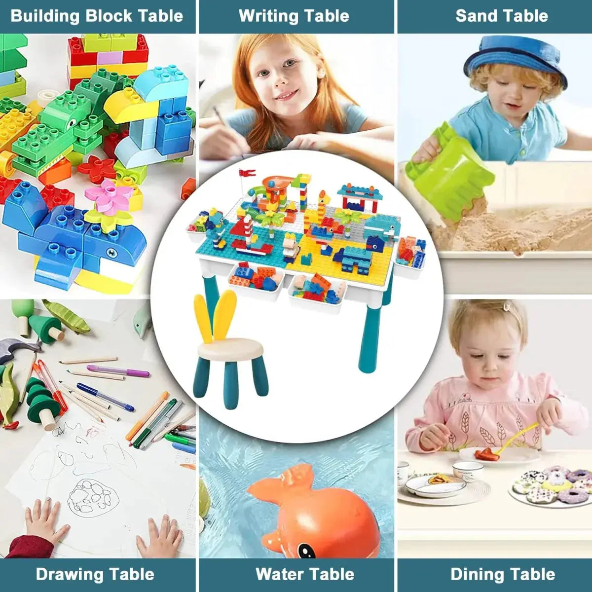 Interactive 2-in-1 Kids Building Blocks Table Chair with Learning Station
