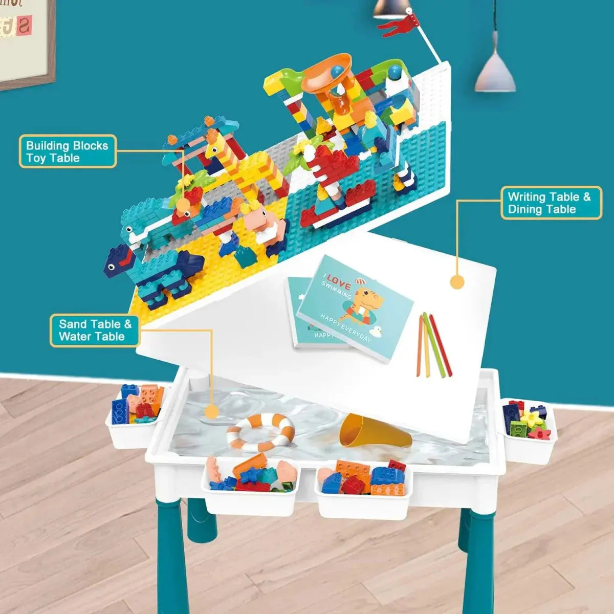 Interactive 2-in-1 Kids Building Blocks Table Chair with Learning Station