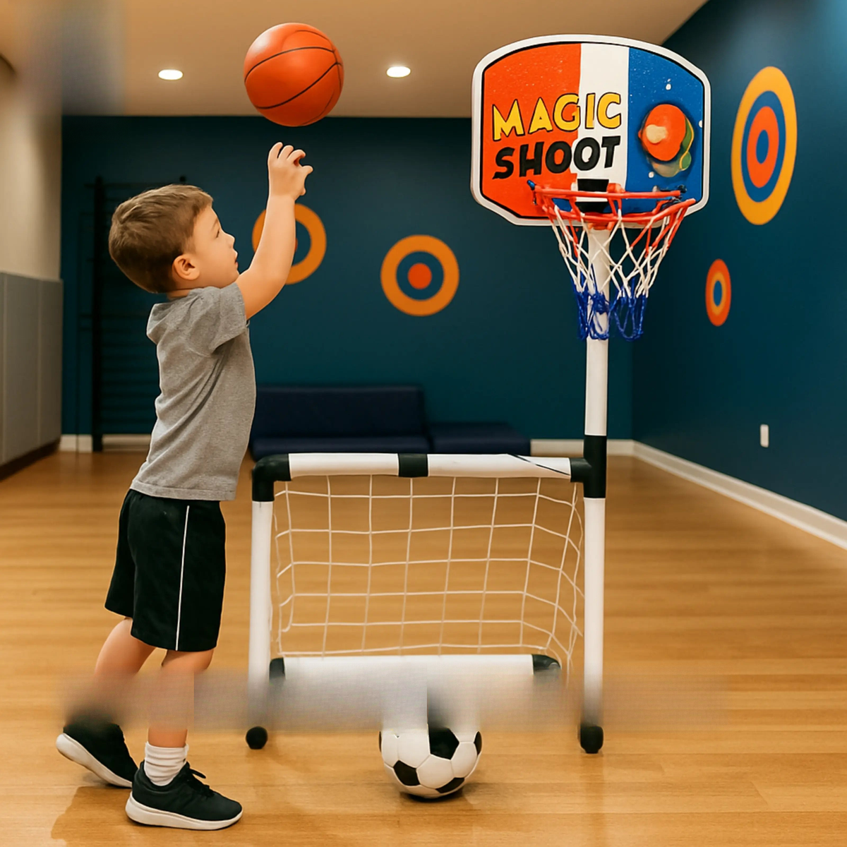 Kids 2-in-1 Football and Basketball Goal Set by ToysWalaPK – multi-color sports playset for indoor and outdoor fun