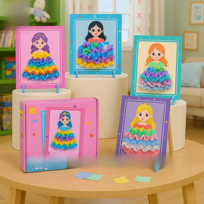 Colorful children's poking embroidery toys on a table with a box in a room setting.