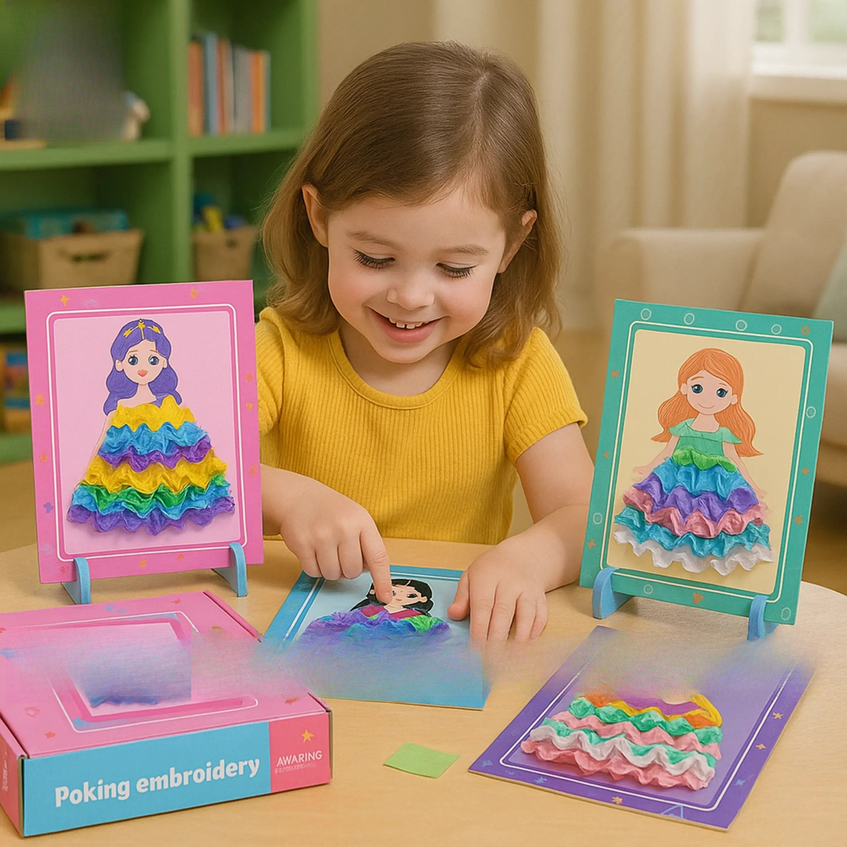 Child playing with a poking embroidery toy set on a table.