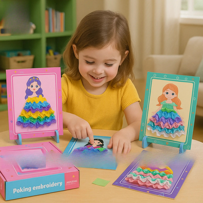 Child playing with a poking embroidery toy set on a table.