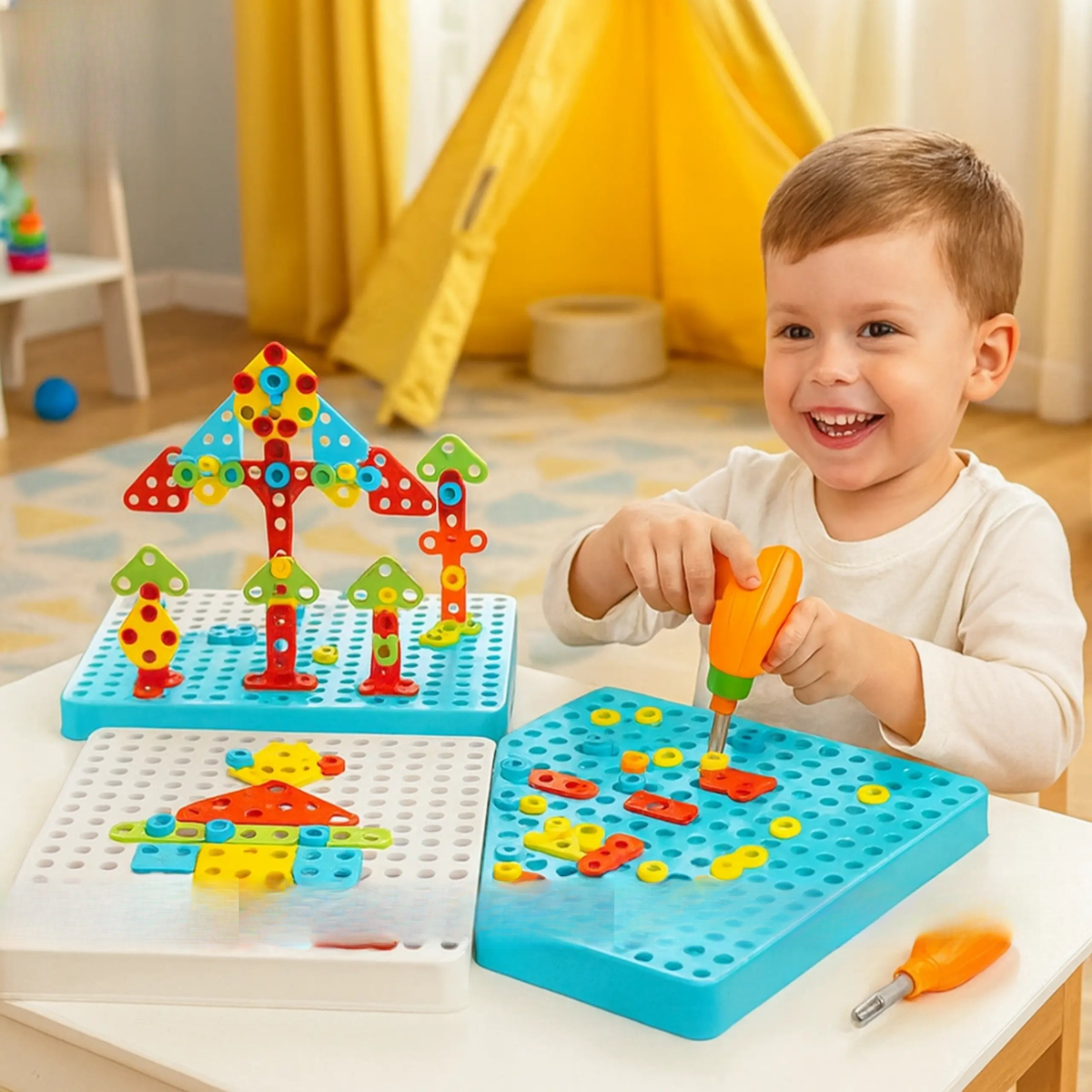 Child playing with colorful building blocks in a bright room