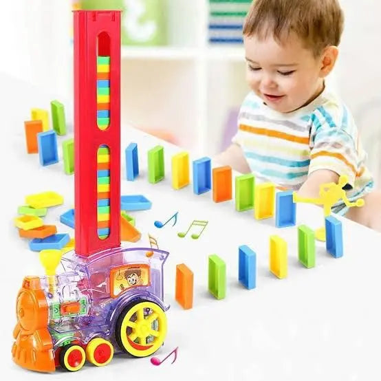 "Automatic domino train toy for kids laying colorful dominoes in a perfect line, motorized with lights and sounds."