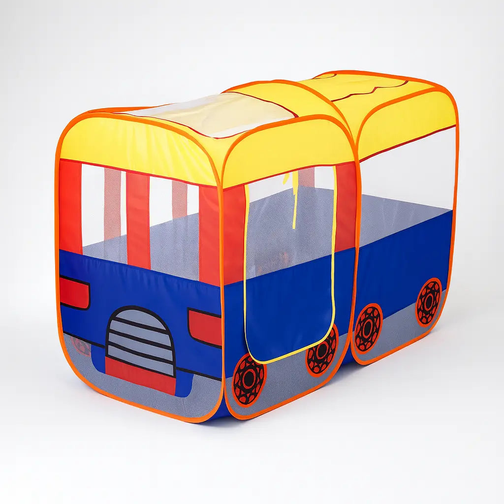 “Bright yellow bus themed play tent for indoor outdoor fun”
