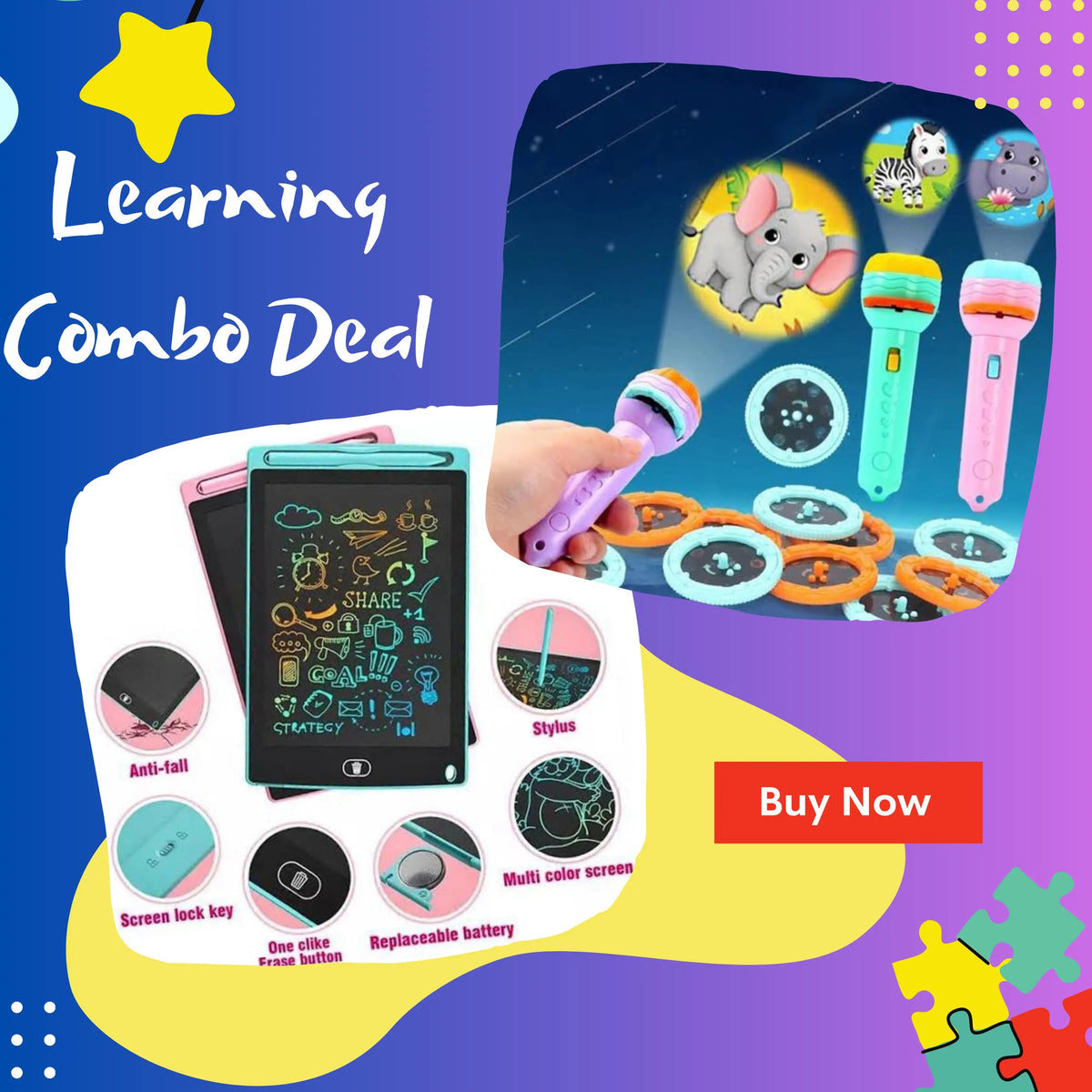 Cartoon projector torch with 24 projection images and LCD writing tablet for kids – ToysWalaPK
