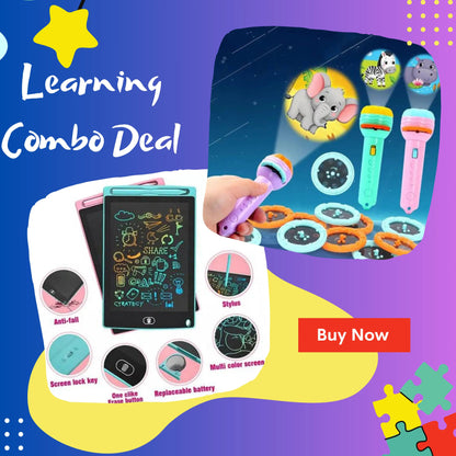 Cartoon projector torch with 24 projection images and LCD writing tablet for kids – ToysWalaPK