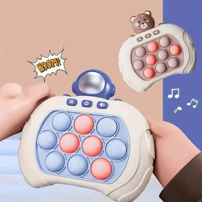 Children's pop-it toy with blue and pink bubbles being used.
