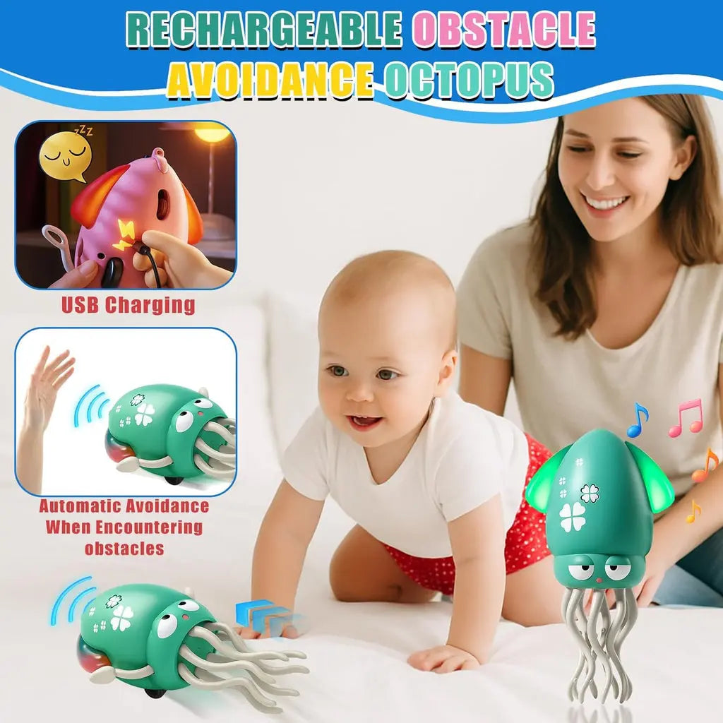 Toy octopus with USB charging feature for baby play, featuring a woman and child.