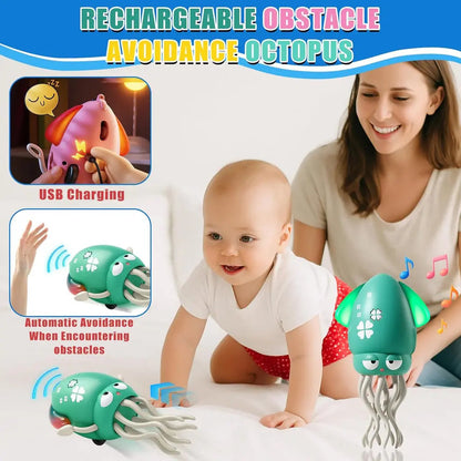 Toy octopus with USB charging feature for baby play, featuring a woman and child.