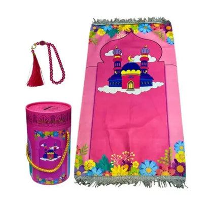 Colorful prayer mat with mosque design and tasbih on a white background