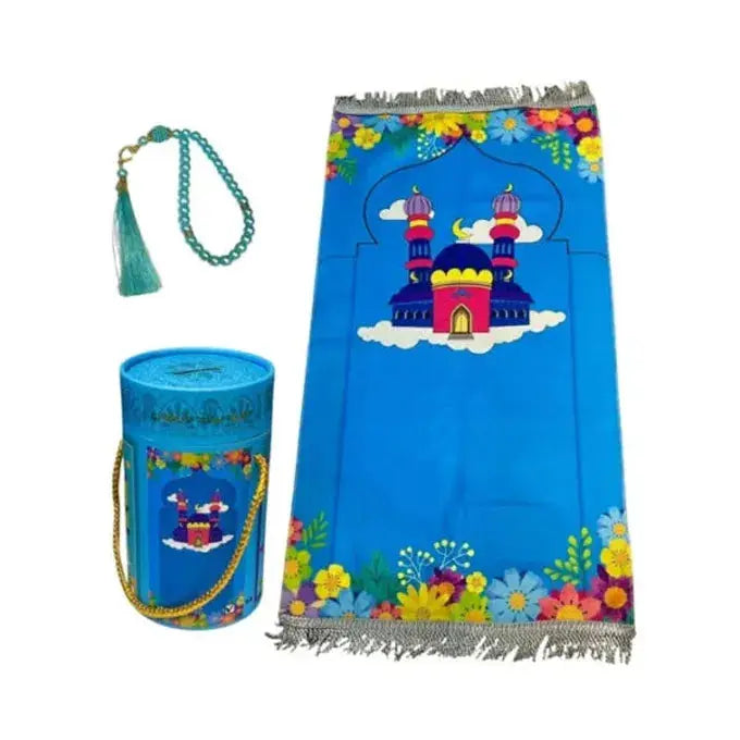 Colorful prayer rug with castle design, cylindrical container, and tassel on a white background