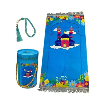 Colorful prayer rug with castle design, cylindrical container, and tassel on a white background