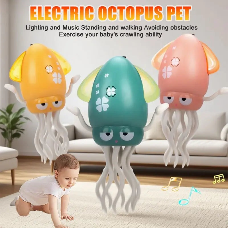 Electric octopus pet toy with colorful design in a living room setting