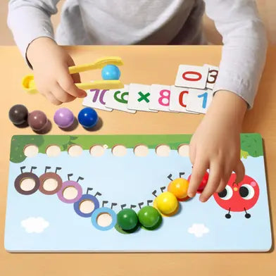 Colorful wooden counting game with balls and tweezer for toddlers