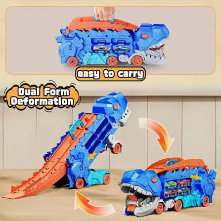 “Dinosaur car transporter toy with dual racing tracks”