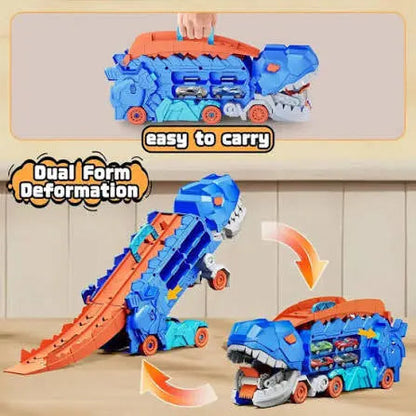 “Dinosaur car transporter toy with dual racing tracks”