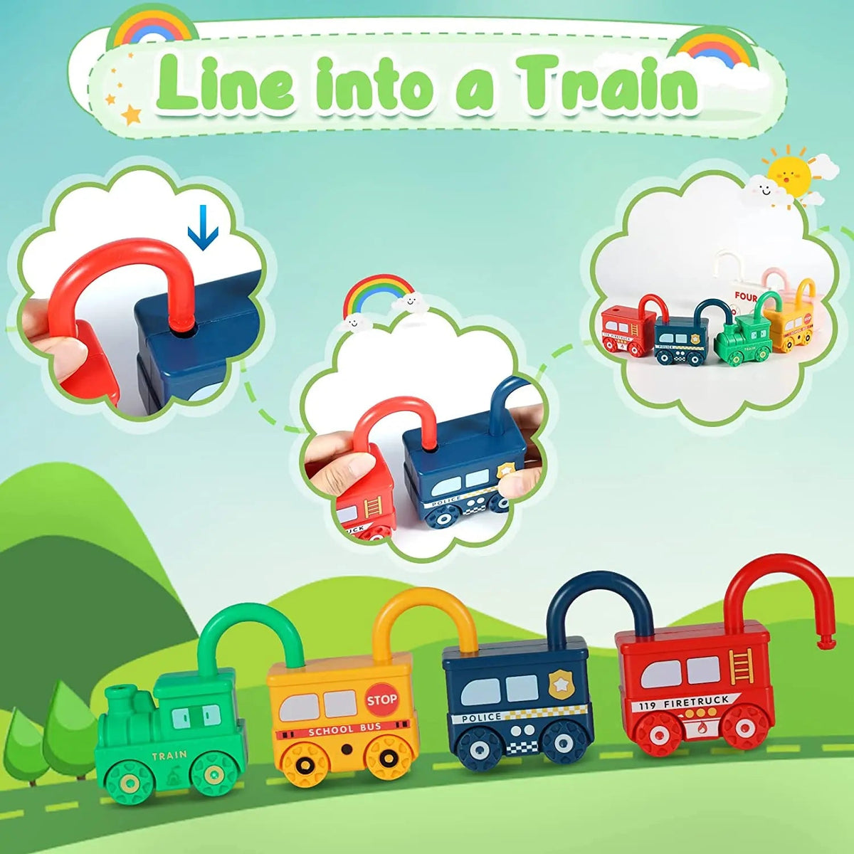 Educational car lock and key toy set for toddlers – 6 colorful vehicles