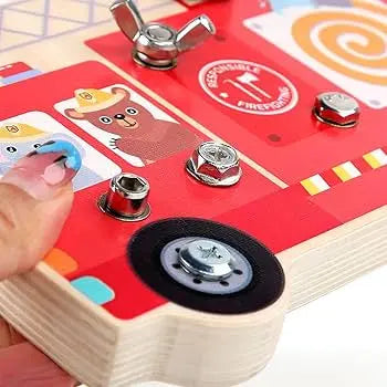 Fire engine themed wooden screw activity board