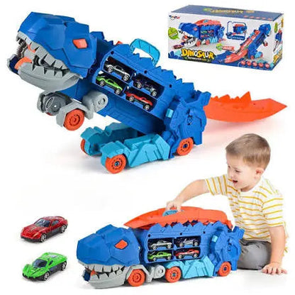 “Foldable dinosaur truck with alloy racing cars”
