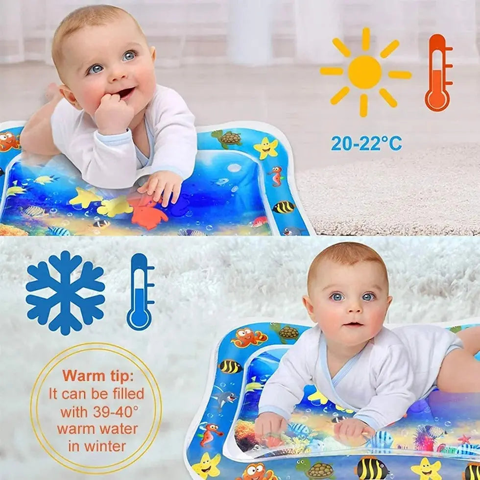 Fun baby tummy time toy with floating animals inside water mat