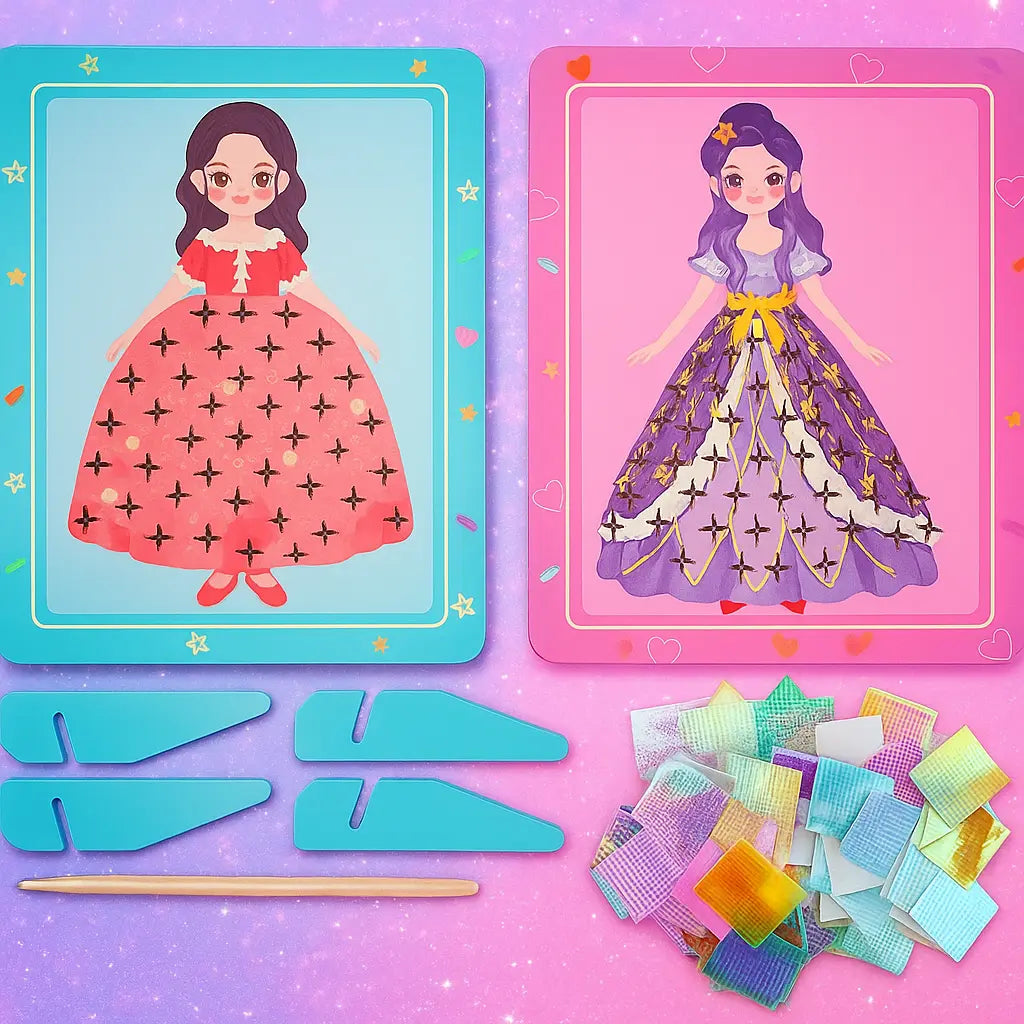 Doll dress-up craft set with two dolls and colorful mesh pieces on a pink background