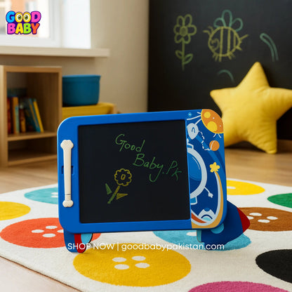 Children's drawing board with colorful design on a rug in a room setting.