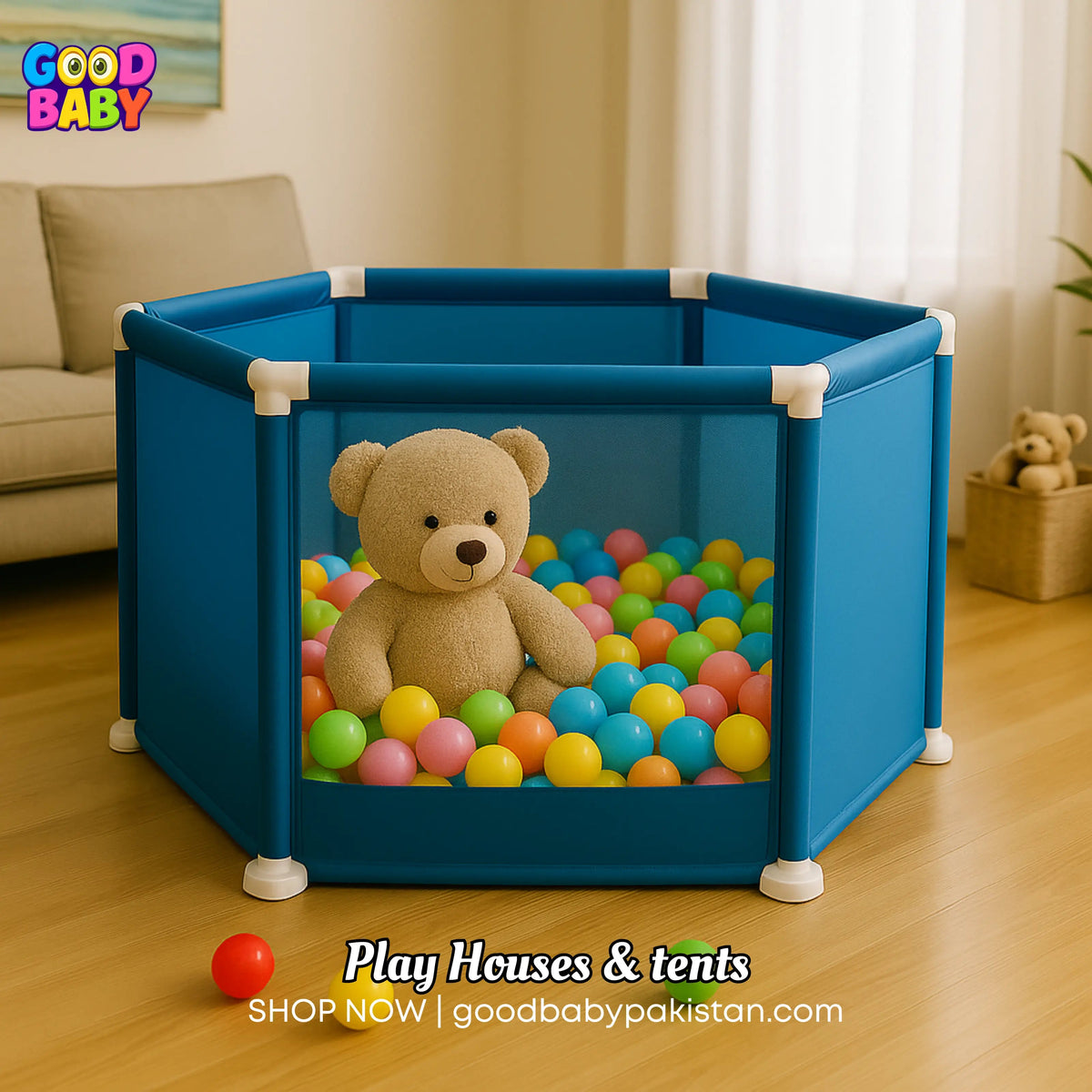“Kids playpen with basketball net and 50 colorful balls Pakistan”