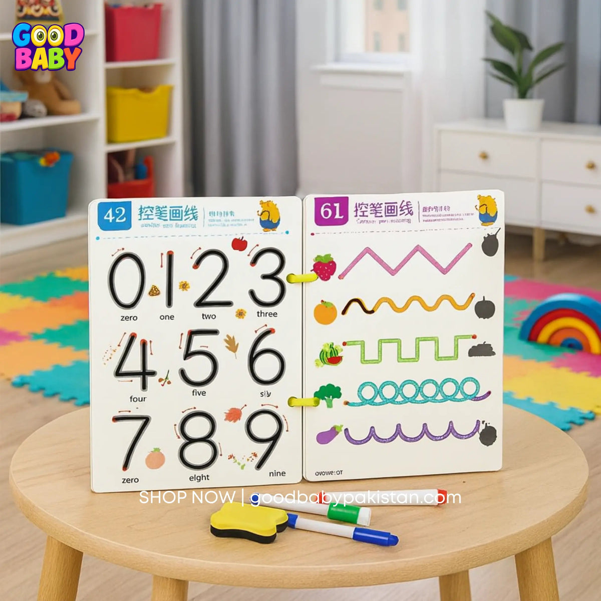 Kids reusable tracing workbook with markers and eraser