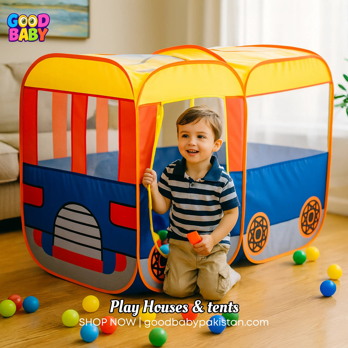 “Kids school bus pop-up tent with breathable fabric Pakistan”