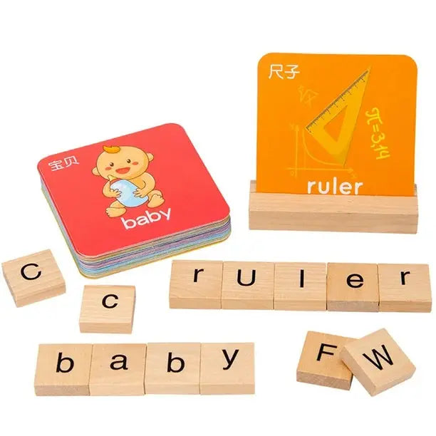 Kids wooden alphabet letter blocks with word cards