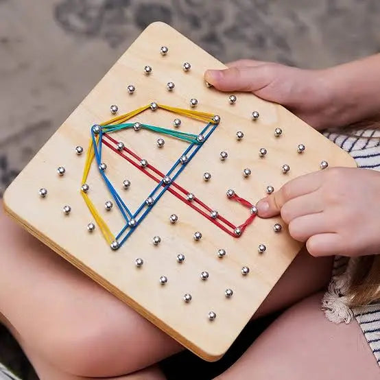 Kids wooden geometry puzzle with elastic bands
