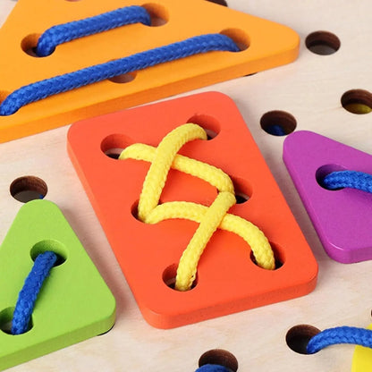 Kids wooden lacing toy with colorful shapes