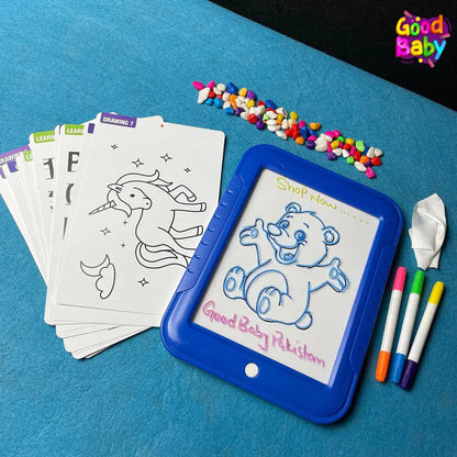 A 3D Magic LED Drawing & Sketch Pad with a blue backlit screen displaying a colorful bear drawing, surrounded by sketches of unicorns and a bear, and a stylus pen with colorful tips.