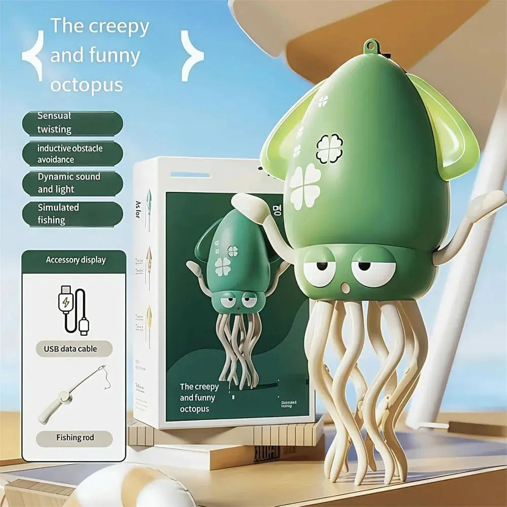 Green octopus-shaped device with packaging and accessories on a table