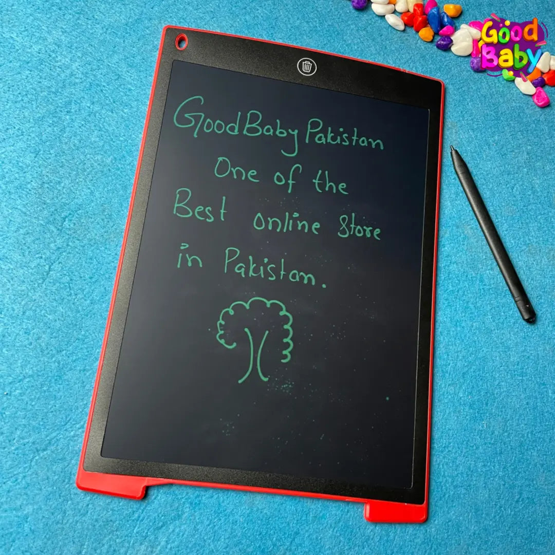A 12-inch LCD Writing Tablet with a stylus on a blue matte surface. The screen displays text and a small tree illustration, indicating that it is used for writing and drawing.