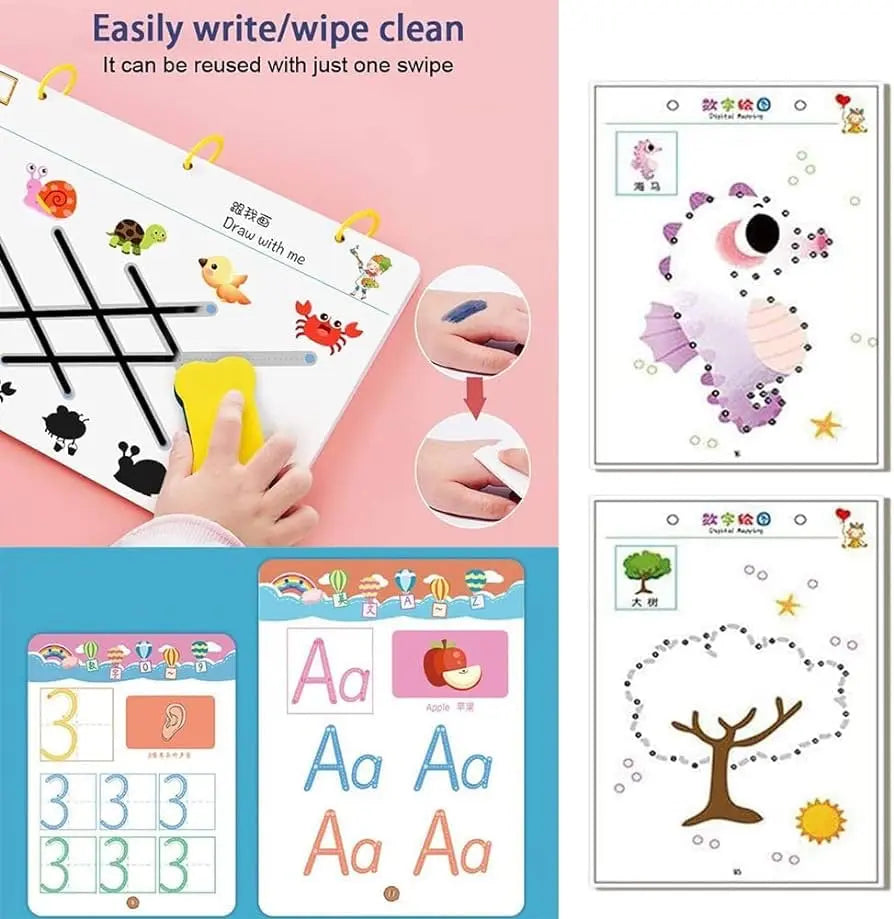 Learning activity book for kids with marker pens and eraser