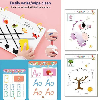 Learning activity book for kids with marker pens and eraser