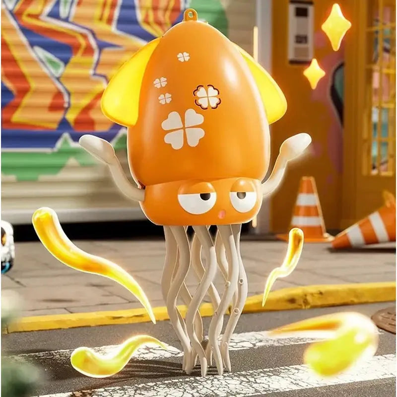 Orange and yellow toy octopus on a street with colorful background