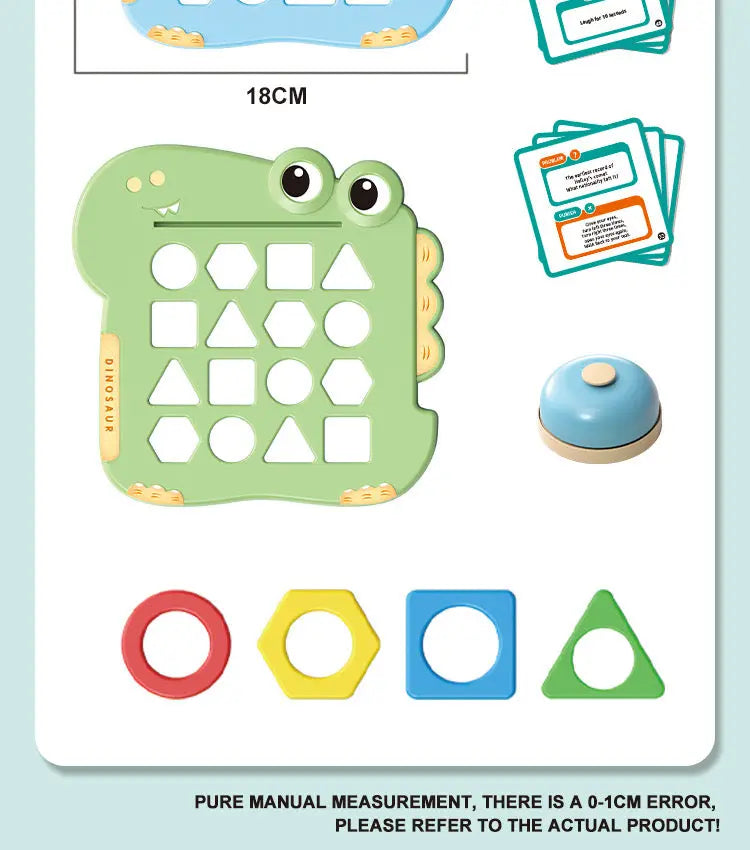 "Toddler Shape Recognition Game with Dinosaur Board, Sorting Shapes by Color and Form, Cognitive Development Toy"