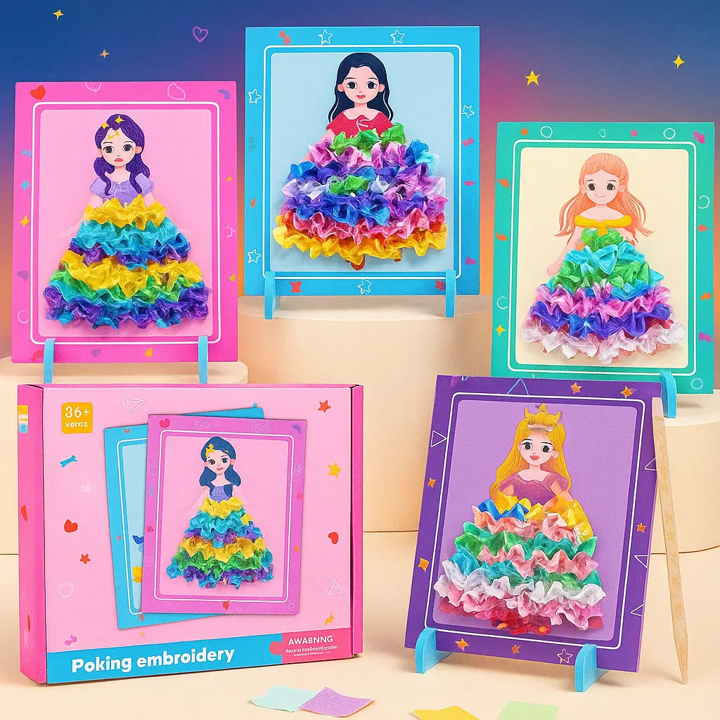Colorful princess-themed poking embroidery toys with stands on a wooden surface.