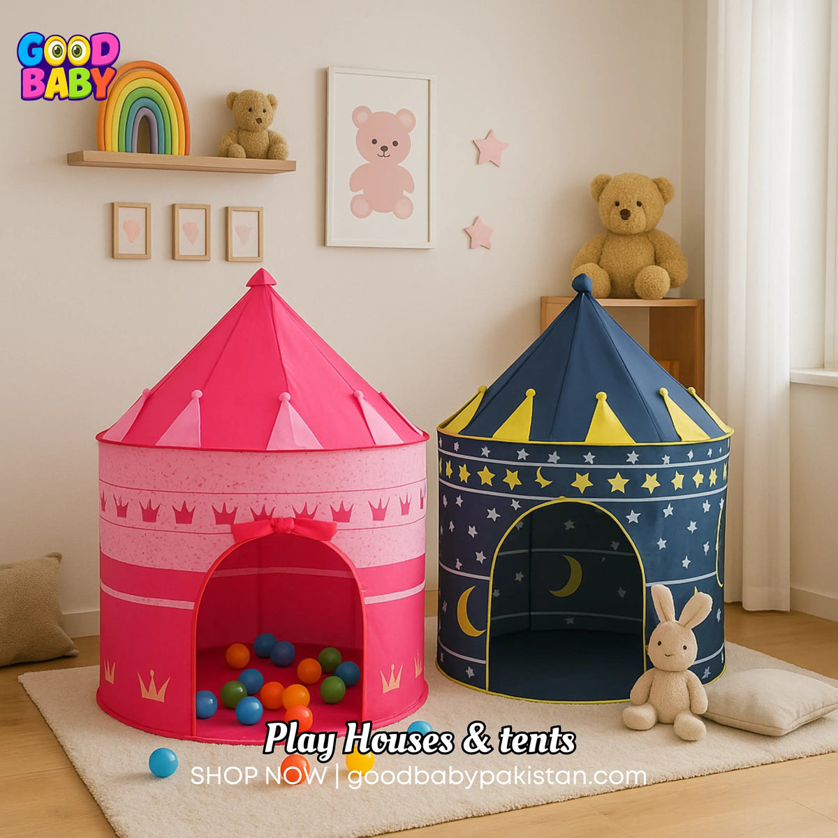 “Royal blue castle playhouse tent with turrets and flags for kids”