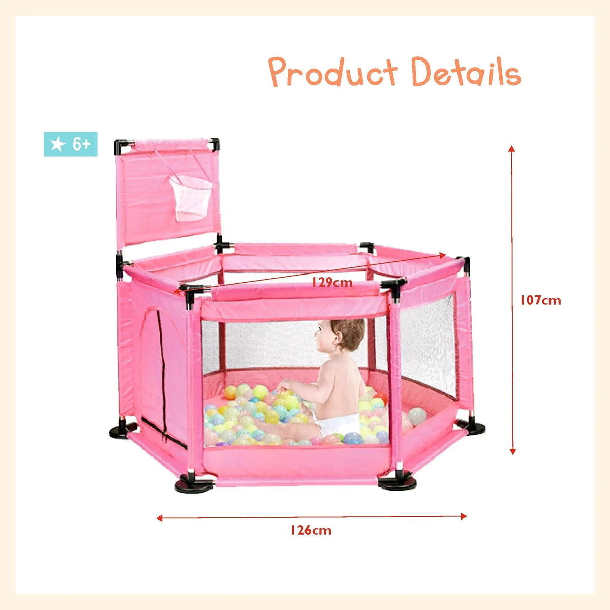 “Safe pink baby play yard with zipper door and hoop”